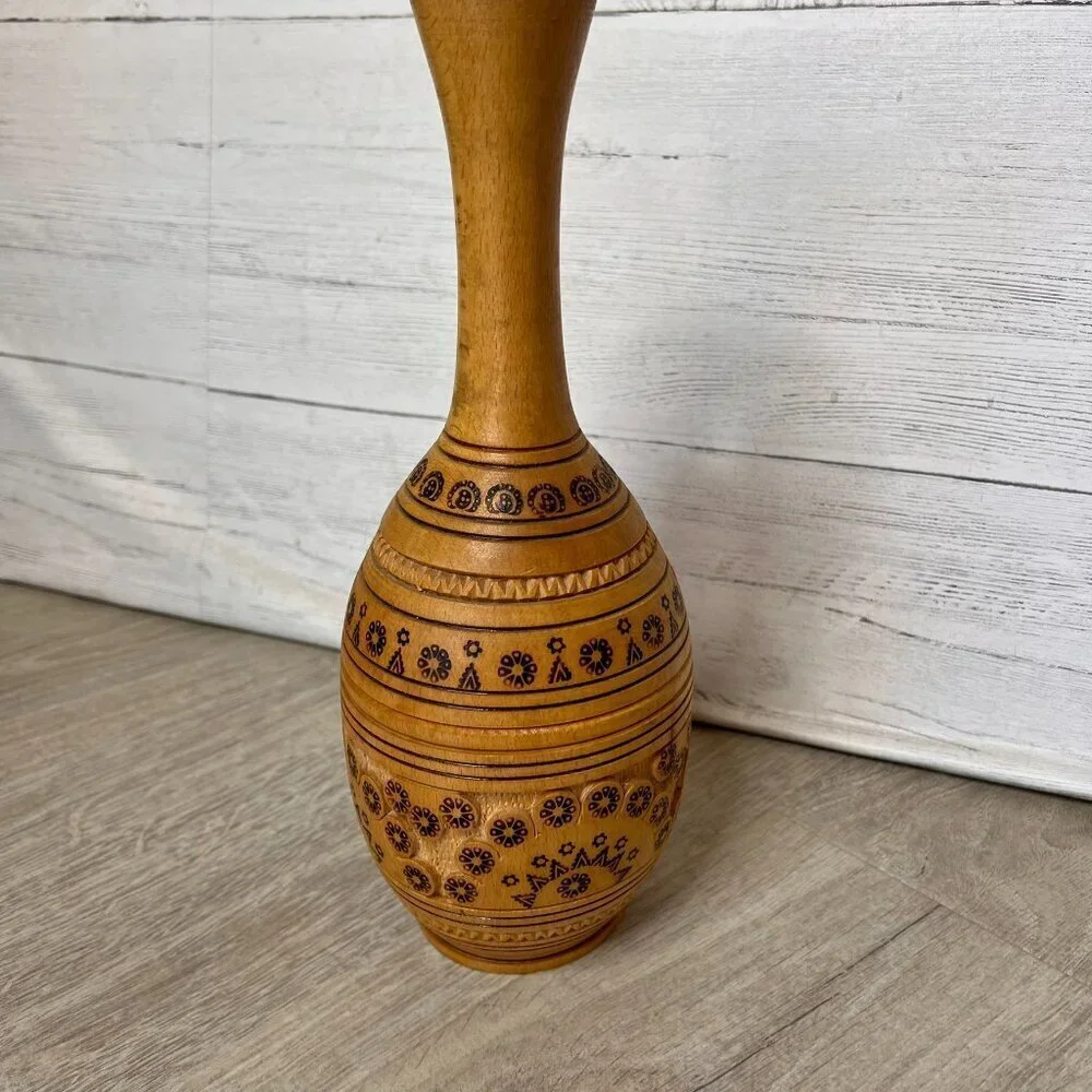 Wood Vase Whimsical Stamp Pattern Primitive Farmhouse Rustic Decor